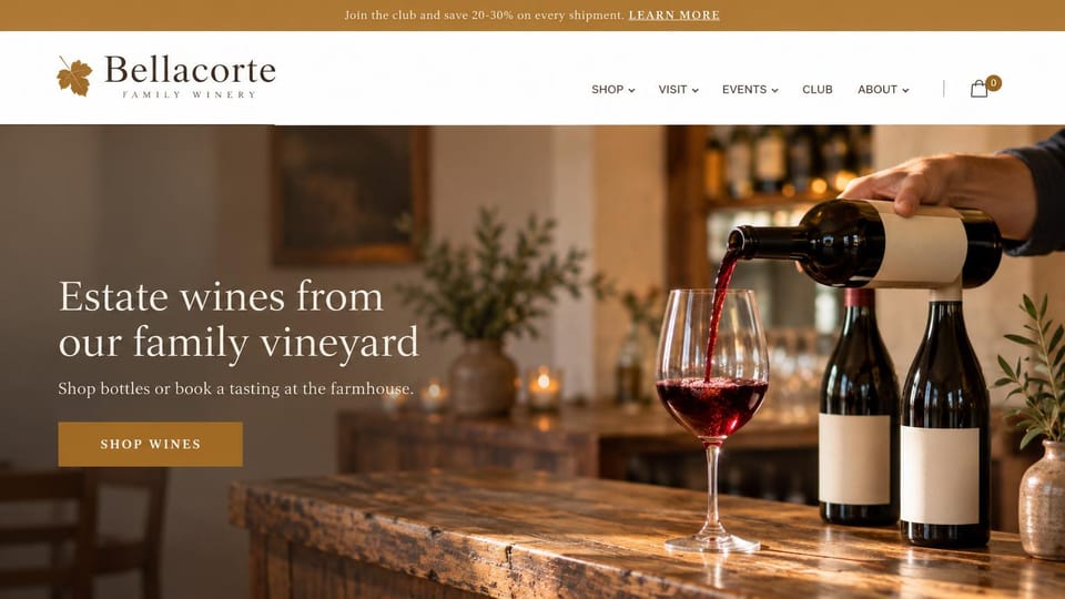Winery and brewery website design, family winery with a pour at the tasting counter: gold top bar, white header with a leaf mark, red wine poured at a rustic wooden counter beside two bottles, a white serif headline and a gold button