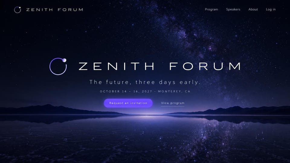 Coming soon website design, invitation-only event under a starry sky: navy and violet starry sky over a still lake, widely spaced wordmark, small date line and a violet button
