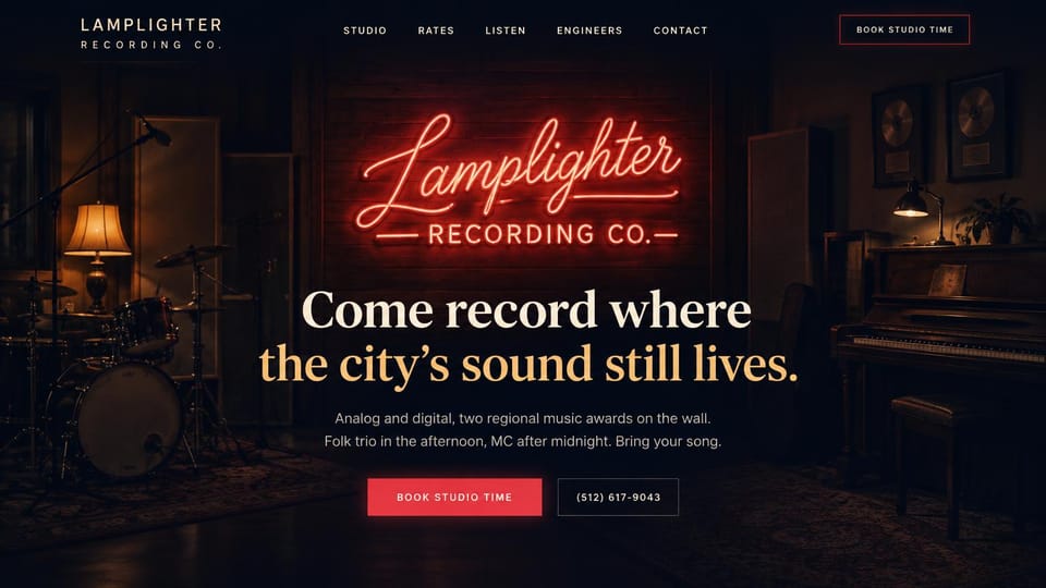 Recording studio website design, city studio under a neon sign: dark wood live room with drums, lamps and an upright piano, a red neon script sign, cream and amber serif headline, red and outlined buttons