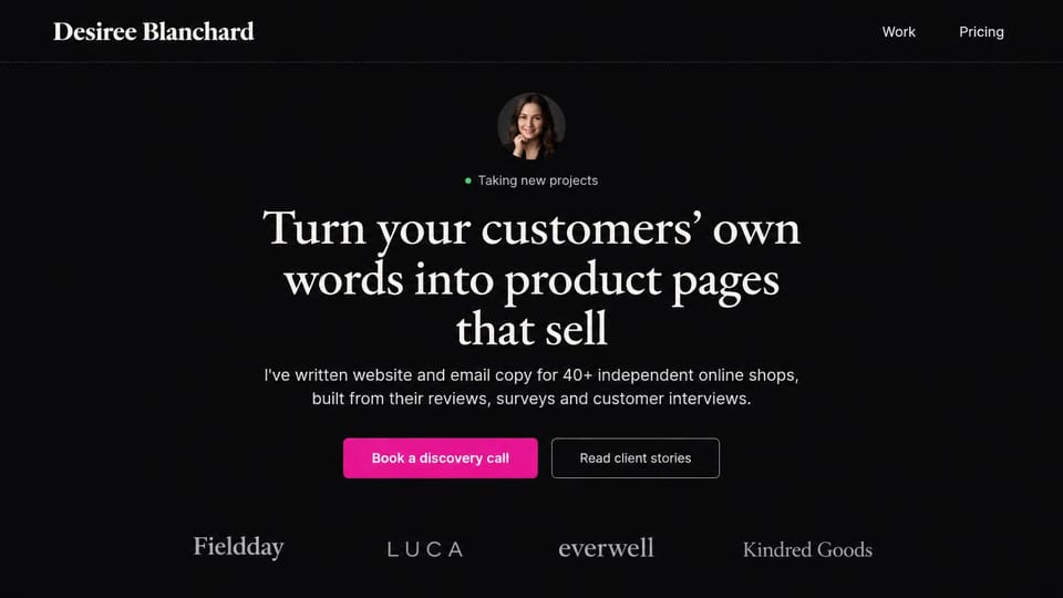 Writer website design, ecommerce copywriter in black and pink: near-black page, a round portrait above a large white serif headline, a hot pink call button and a row of client wordmarks
