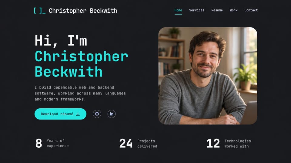 Resume website design, web developer in dark mode with a stats row: charcoal page, a white and turquoise monospace name, a turquoise resume button, a portrait of a smiling man by a window and three stats
