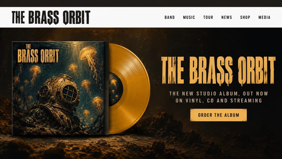 Musician website design, album launch built around the record art: dark sea-green album art of a diving helmet beside a gold vinyl record, a gold title and order button