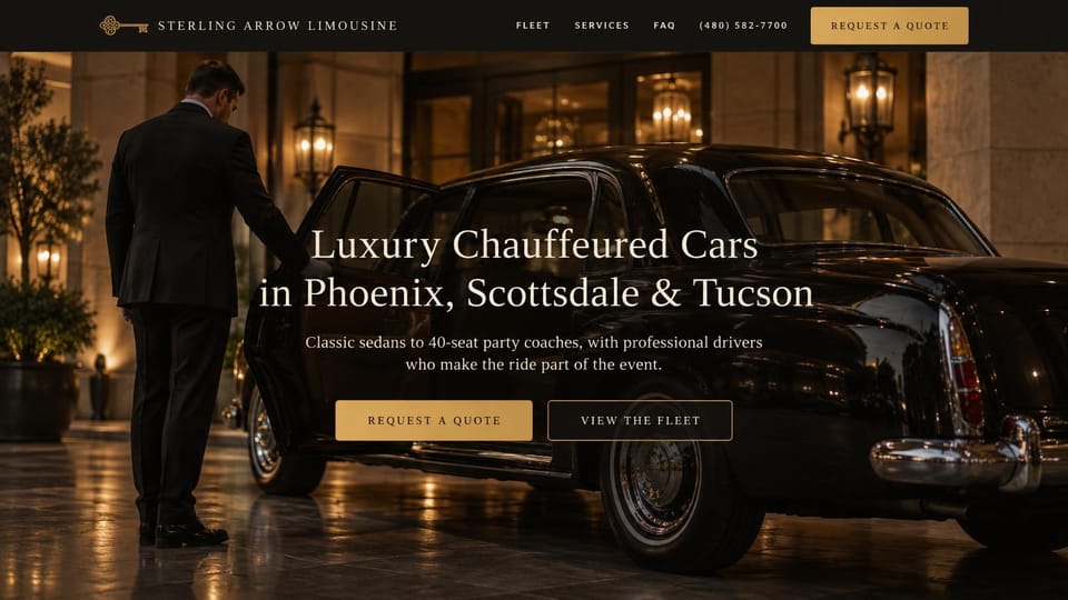 Car rental website design, limousine service with a classic car at night: dark hotel entrance at night, a chauffeur opening the door of a black classic car, centered cream serif headline, gold quote button