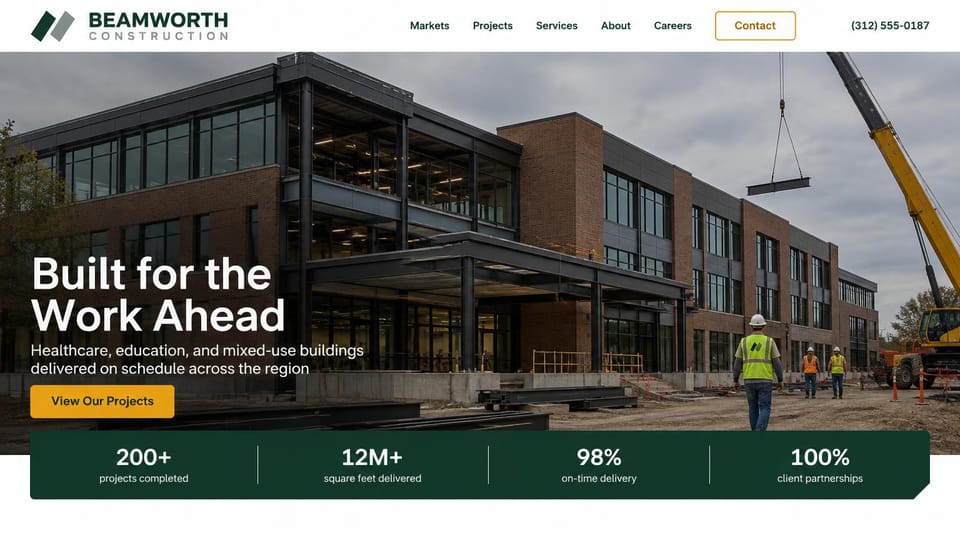 Construction website design, commercial builder with a crane and project stats: white header, a brick and glass building under construction with a crane, a white headline, yellow button and a dark green stats bar