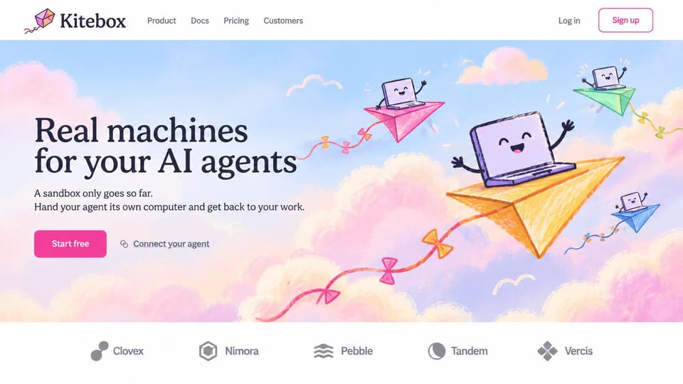 SaaS website design, aI product with a hand-drawn sky: pastel sky with crayon paper planes and a smiling laptop, black serif headline and a pink button