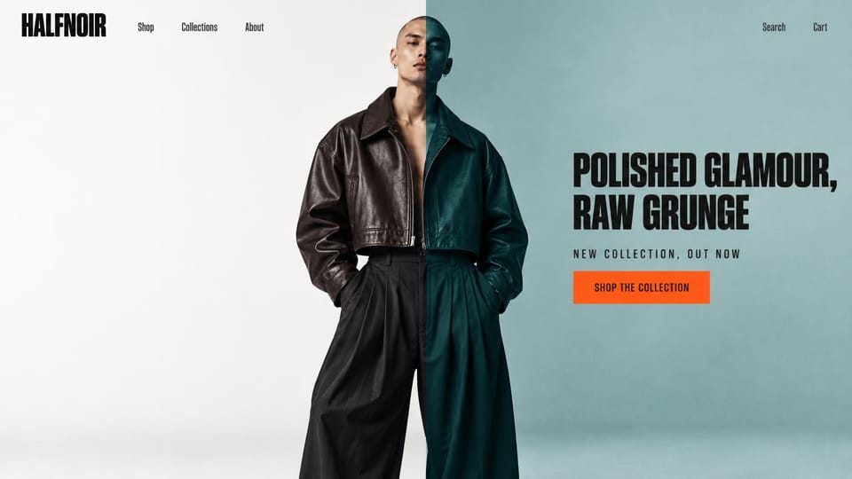 Fashion website design, bold split portrait for a leather jacket label: one male model split down the middle, a black leather jacket on white on one side and tinted teal on teal on the other, a condensed headline and an orange button