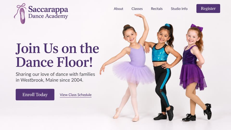 Dance studio website design, community dance academy with dancers on white: white page, a deep purple serif headline, three girls in lavender, teal sequin and purple costumes posing on white, a purple enroll button
