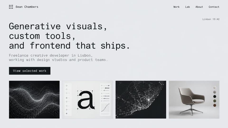 Developer portfolio website design, creative developer in monospace on pale gray: pale gray page, a large black monospace headline and four project images: a particle wave, a type tool, a night map and a chair