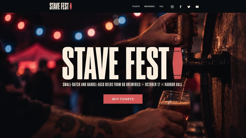 Event website design, beer festival with a giant wordmark: dark photo of a hand at a barrel tap under string lights, huge white condensed name, red ticket button