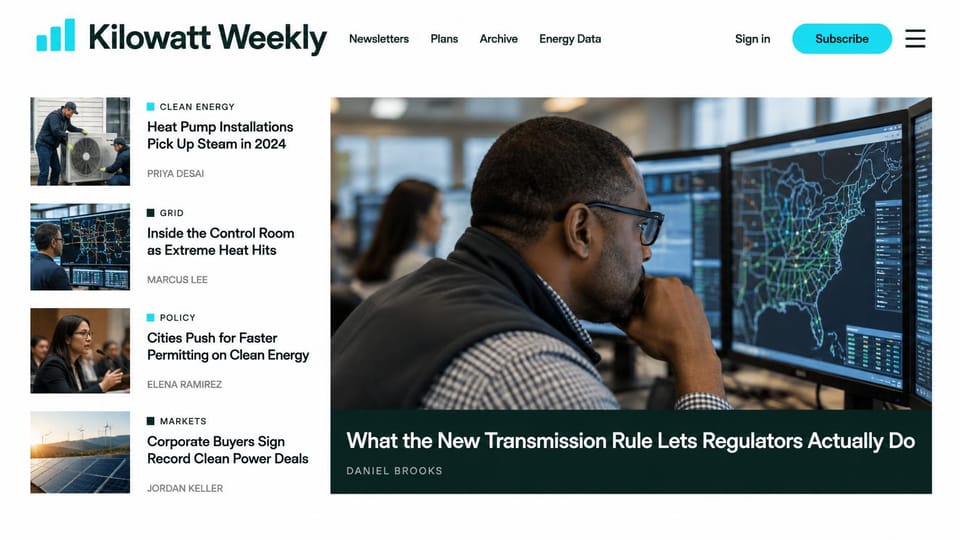 News and magazine website design, energy industry news with a feature image: white page, dark green type, turquoise subscribe button, a man studying a power grid map on screens