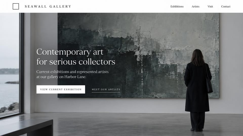 Art gallery website design, contemporary gallery for collectors: white header with a spaced serif wordmark, a woman in a black coat before a large gray abstract painting by a window on the sea, a white serif headline and buttons on the left