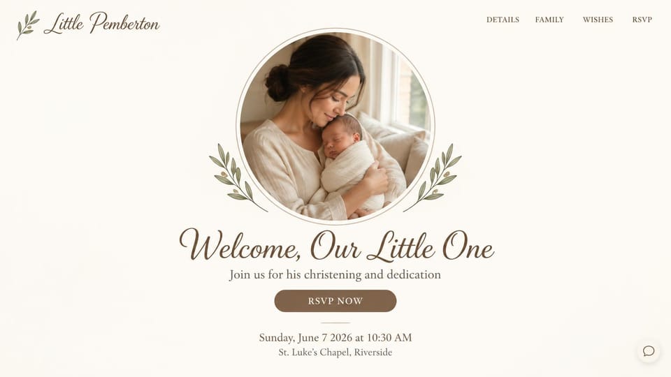Event website design, christening with a round family portrait: white page, round photo of a mother holding a newborn inside an olive wreath, brown script headline, brown RSVP button