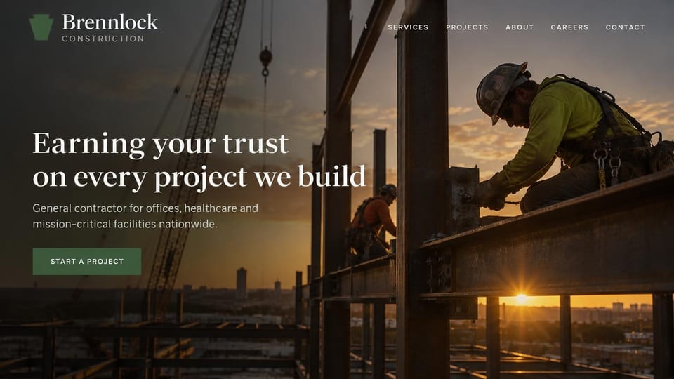 Construction website design, general contractor with ironworkers at sunset: dark sunset photo of ironworkers on a steel frame, a large white serif headline and a green button
