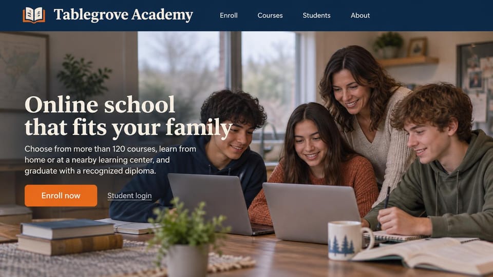 School website design, online school for the whole family: navy header, teenagers and a parent at laptops around a wooden table, a cream serif headline and orange button