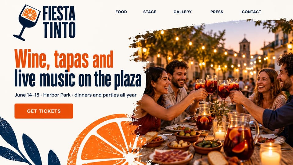 Event website design, wine and tapas festival on the plaza: cream page with a painted orange slice, navy and orange condensed headline, orange ticket button, friends toasting with red wine