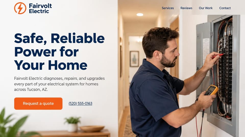 Electrician website design, home electrician, light and simple: white page with a navy headline and an orange quote button, an electrician in a navy shirt testing a breaker panel with a yellow meter in a hallway