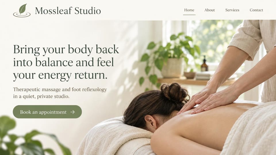 Massage therapist website design, massage and reflexology in a sunlit private studio: ivory page with plants, a large charcoal serif headline over a sunlit back massage photo and a sage pill button with an arrow