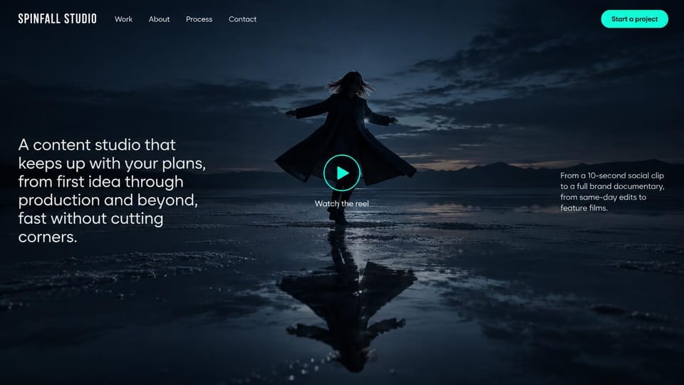 Videographer website design, content studio with a play button at dusk: navy dusk over wet salt flats with a woman twirling, white sans headline at left, teal play button and a teal project button