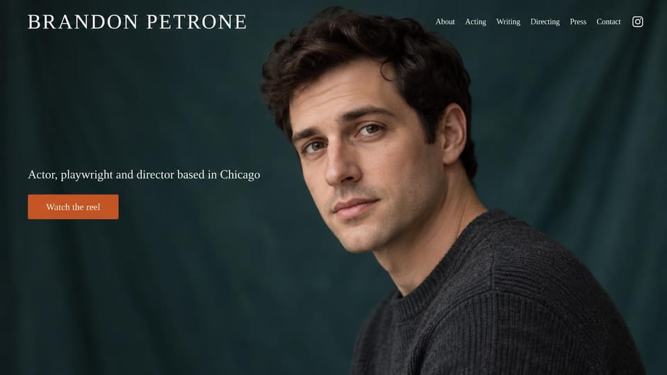 Actor website design, actor, playwright and director on deep teal: deep teal backdrop, a close portrait of a dark-haired man, a spaced white serif name, one line of text and an orange reel button
