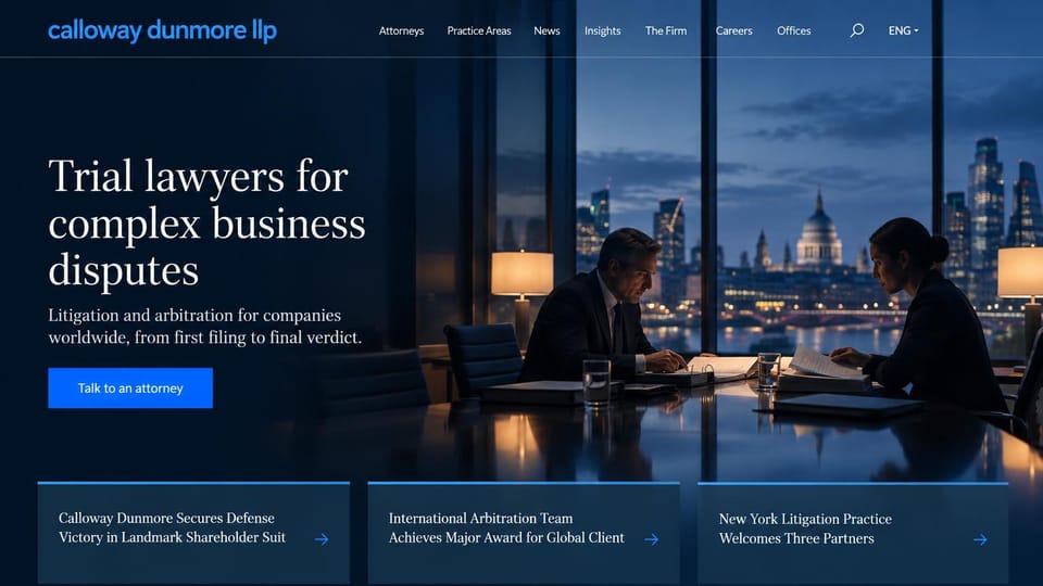 Law firm website design, business litigation with recent wins: navy, lawyers in a city office at dusk, three news cards along the bottom