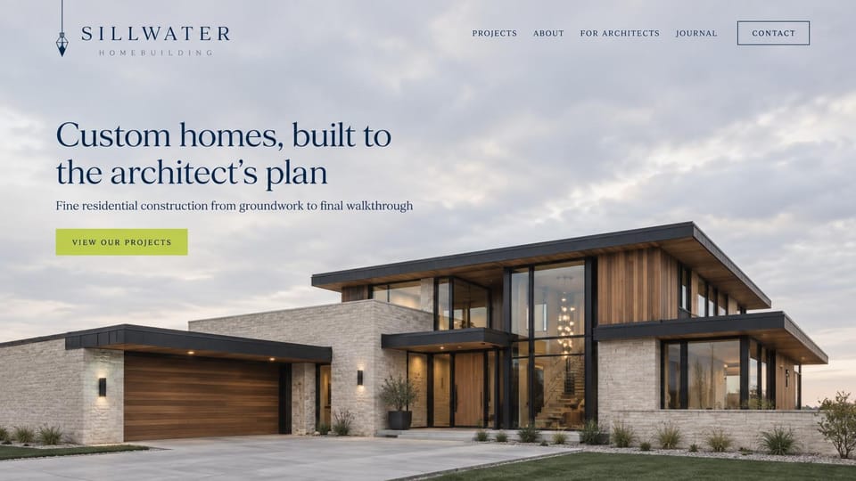 Construction website design, custom homes built to the architect's plan: pale gray sky, a modern stone and wood house, a navy serif headline and a lime green button