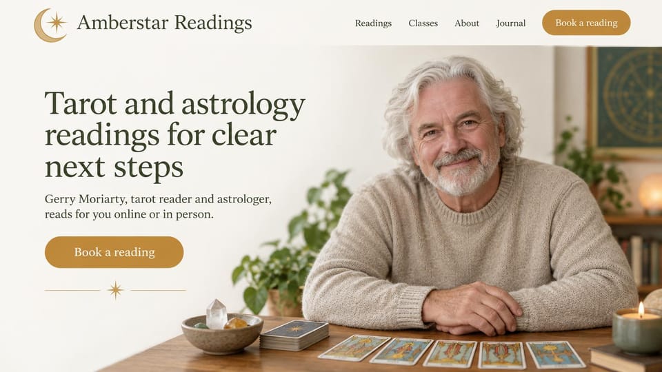 Astrology website design, tarot and astrology in cream and gold: cream page, a dark serif headline and a gold button beside a white-haired reader smiling at a table of tarot cards