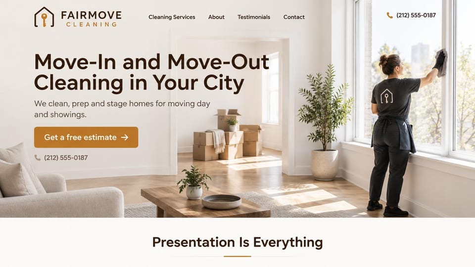 Cleaning service website design, move-in and move-out cleaning in warm neutrals: cream page, a dark brown headline and gold estimate button over a sunlit empty room with moving boxes and a cleaner wiping a window