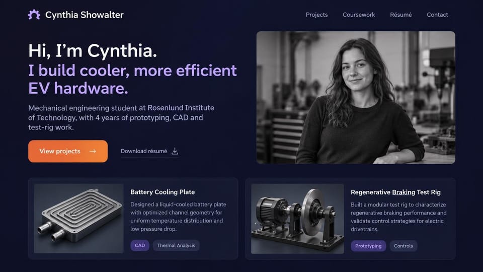 Engineering portfolio website design, eV hardware student with featured projects: dark navy page, a white and lavender headline, an orange button, a black and white portrait and two project cards