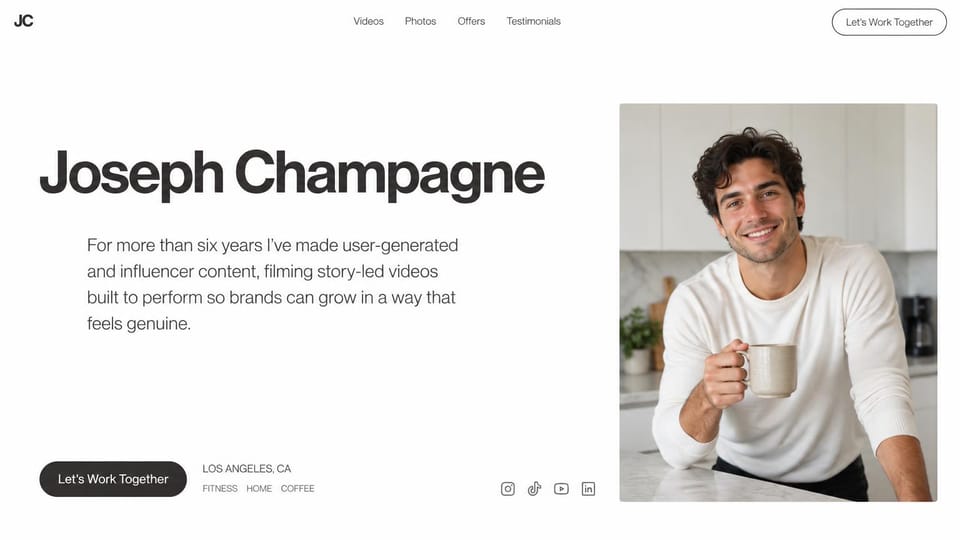 Resume website design, uGC video creator with a big name and short bio: white page, huge black sans name, gray bio paragraph, dark work together button, smiling man in a white sweater holding a mug in a kitchen