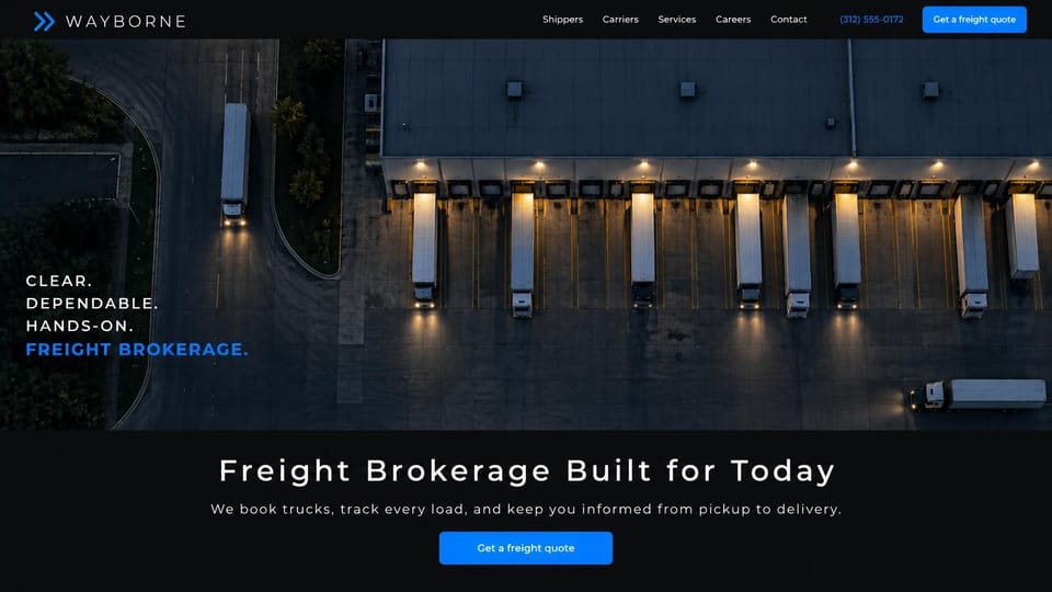 Logistics website design, freight brokerage over a lit dock at night: near-black page, an aerial night photo of semis backed into glowing warehouse dock doors, spaced-out white and bright blue capitals, wide-tracked centered headline below, blue quote buttons