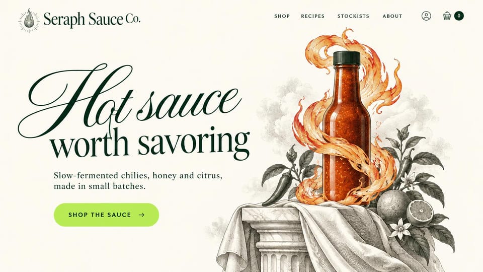 Landing page website design, small-batch product with an etched illustration: cream page, dark green script headline, an etched illustration of a hot sauce bottle in orange flames, green button