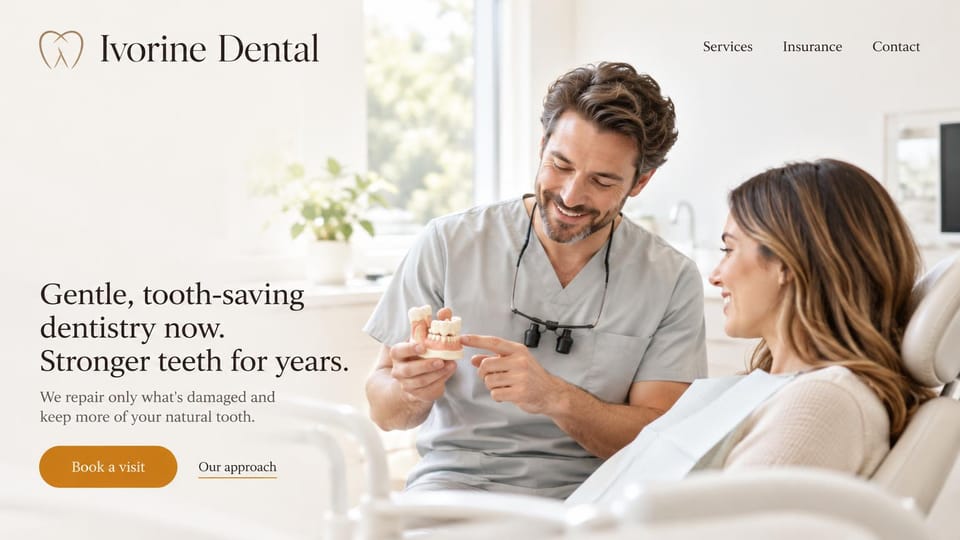 Dental website design, tooth-saving dentistry, light and personal: ivory and warm brown, a dentist showing a tooth model to a patient in a bright room, an orange button