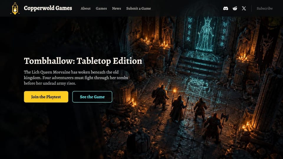 Gaming website design, dungeon game with a playtest signup: dark dungeon scene with glowing runes and a party of adventurers, white serif title, yellow playtest and outlined buttons
