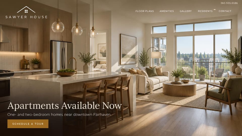 Apartment website design, apartments available now, bright and warm: sunlit open kitchen and living room with pendant lights and a balcony view, white serif headline at the bottom left, gold tour button