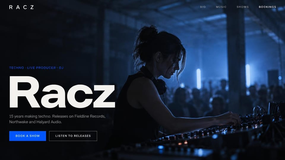 DJ website design, techno DJ and producer with a giant name: dark warehouse club in deep blue, a woman DJ at a mixing rig, a huge white sans name at left, a blue button and an outlined one