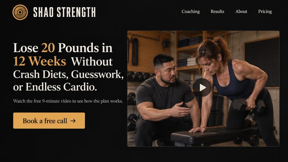 Personal trainer website design, weight loss coaching led by a free video: black page, a large cream and gold serif headline, a gold call button, a video thumbnail of a coach guiding a woman's dumbbell row in a garage gym