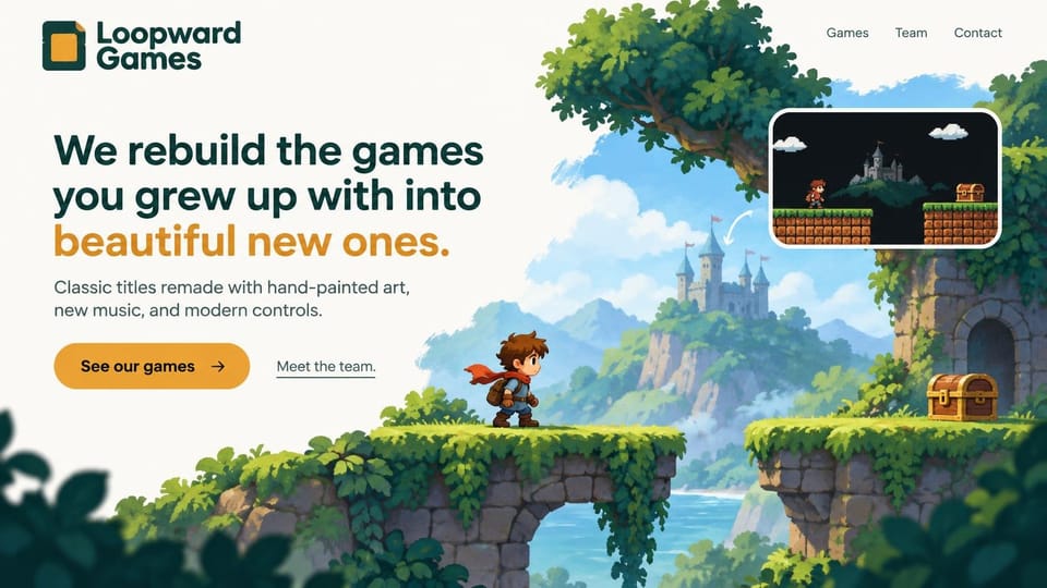 Gaming website design, remake studio with hand-painted pixel art: cream page, dark green and orange headline, an orange button, a hand-painted platformer scene with a hero, castle and treasure chest, an inset of old pixel graphics