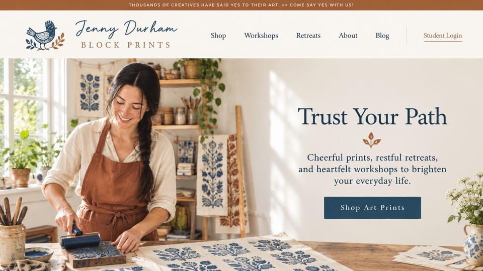 Artist website design, block prints, workshops and retreats: cream, navy and rust, a woman block printing in a sunny studio beside a centered serif panel and a navy button