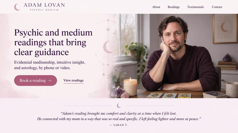 Astrology website design, psychic medium with a client's words under the hero: blush page, a plum serif headline and a rose button beside a smiling reader at a table of tarot cards, a centered quote below