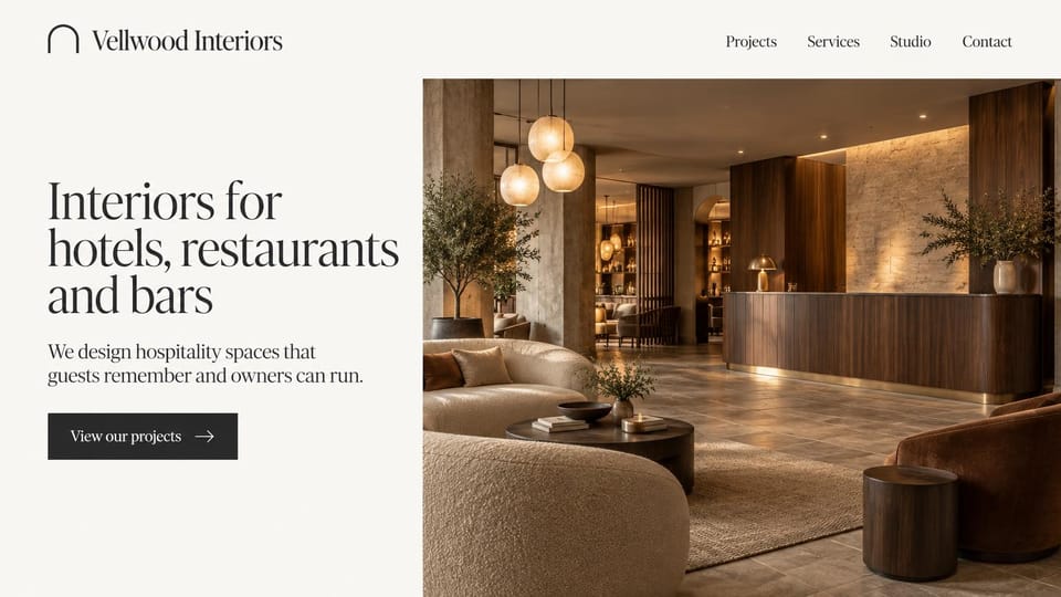 Interior design website design, hotels, restaurants and bars in a warm lobby: cream page with a large charcoal serif headline and black button beside a warm hotel lobby with boucle sofas, globe pendants and a walnut front desk
