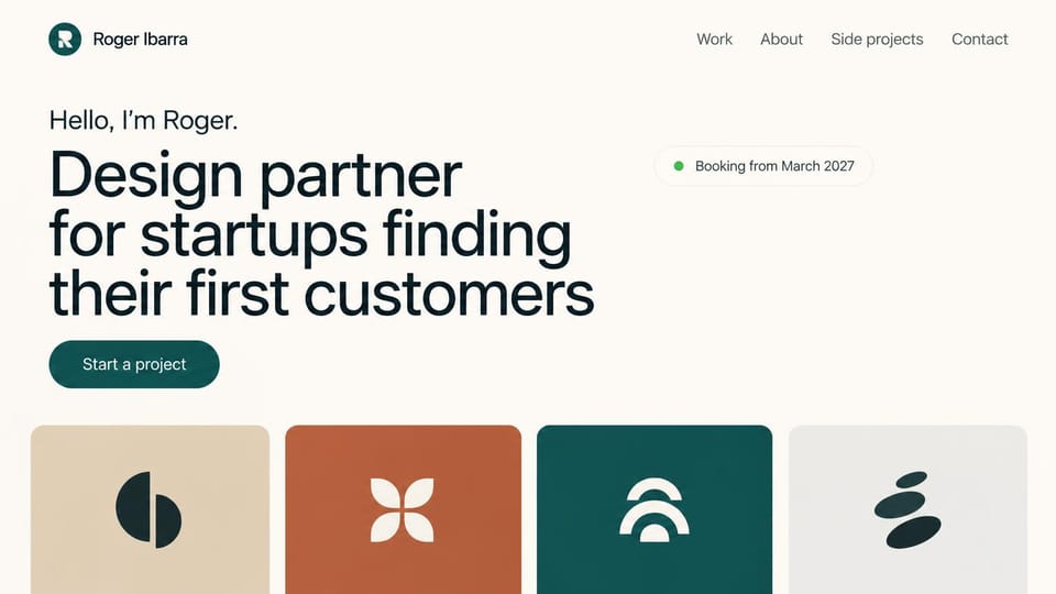 Resume website design, startup brand designer with a booking date badge: cream page, large dark teal headline, teal start a project button, green-dot availability badge, four colored logo cards