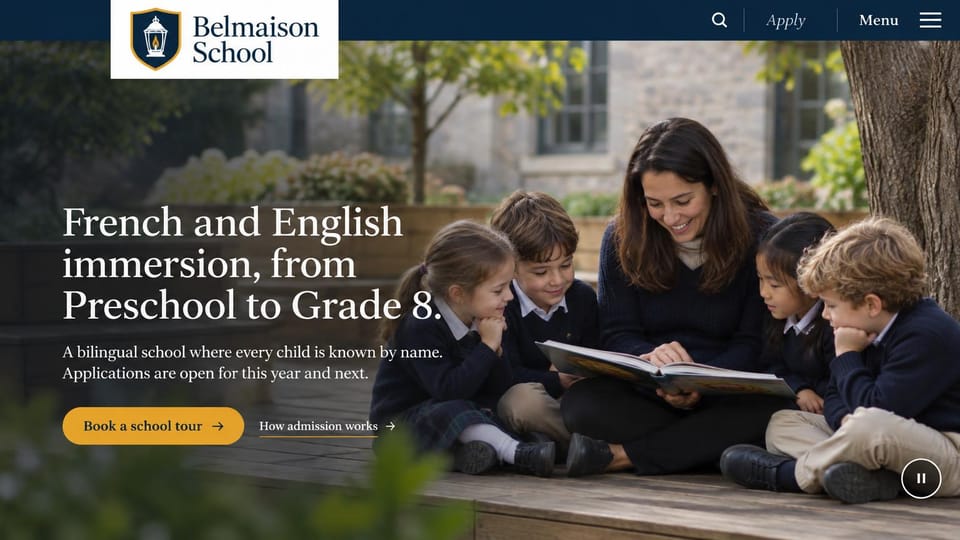 School website design, french and English immersion school outdoors: navy bar with a white logo tab, a teacher reading to uniformed children under a tree, a white serif headline, a gold tour button