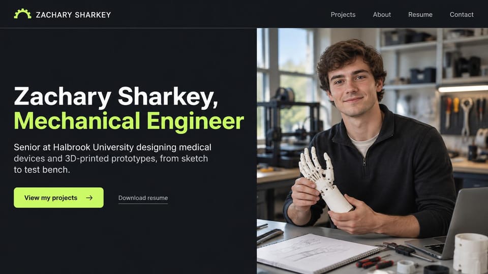 Engineering portfolio website design, medical device student with a printed prosthetic hand: charcoal page, a white name with a lime green title, a lime button and a student holding a 3D-printed prosthetic hand at a lab desk