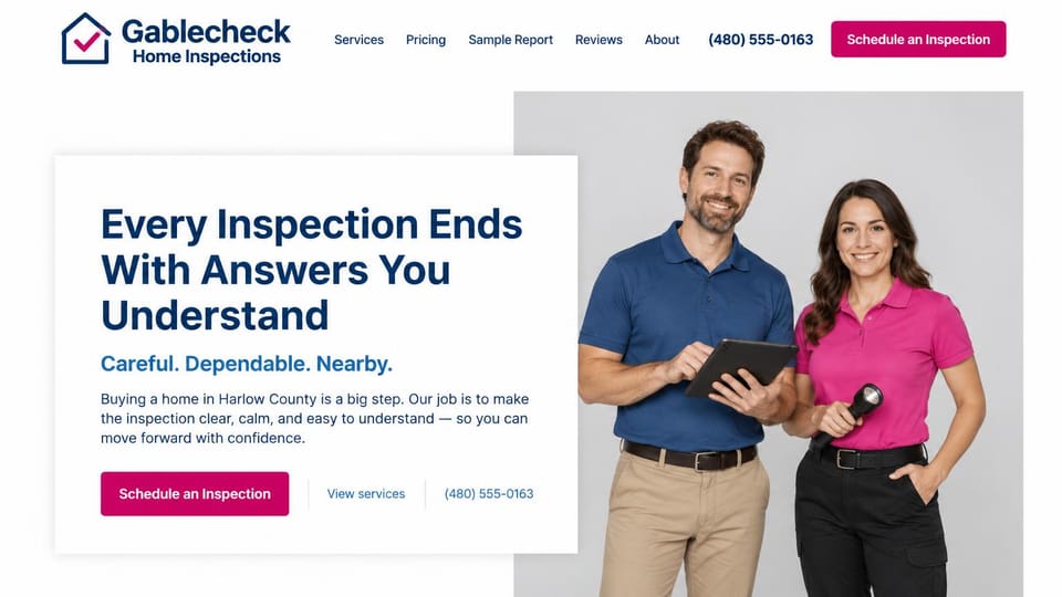 Home inspector website design, two-inspector team on a studio backdrop: white page, navy headline and blue subhead, a magenta schedule button, a man with a tablet and a woman with a flashlight in polo shirts on gray