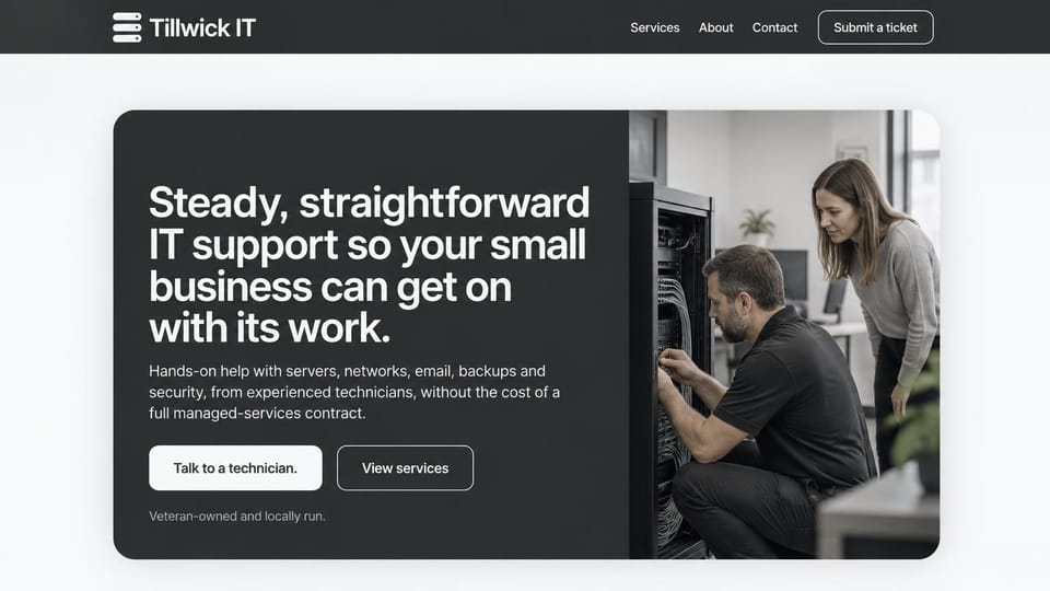 IT company website design, local IT support in a rounded dark card: light gray page, charcoal header, a rounded charcoal card with a large white headline beside a technician at a server cabinet with a colleague looking on, white and outlined buttons