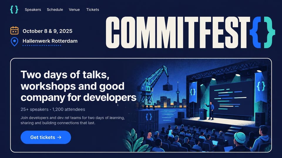 Event website design, developer conference with an isometric stage: navy page, huge cream name with cyan braces, illustrated stage and harbor cranes in a rounded card, blue ticket button