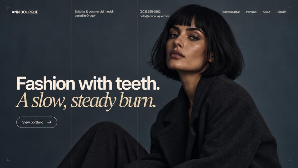Model portfolio website design, editorial and commercial model with a bold two-line tagline: dark slate studio portrait of a woman with a black bob in a charcoal coat, thin grid lines, a huge white sans headline over a cream italic serif line, an outlined button