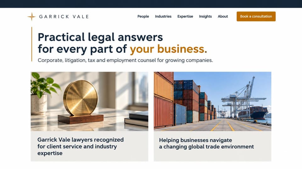 Law firm website design, business law with story cards: white, navy and gold, a two-line headline above two photo story cards