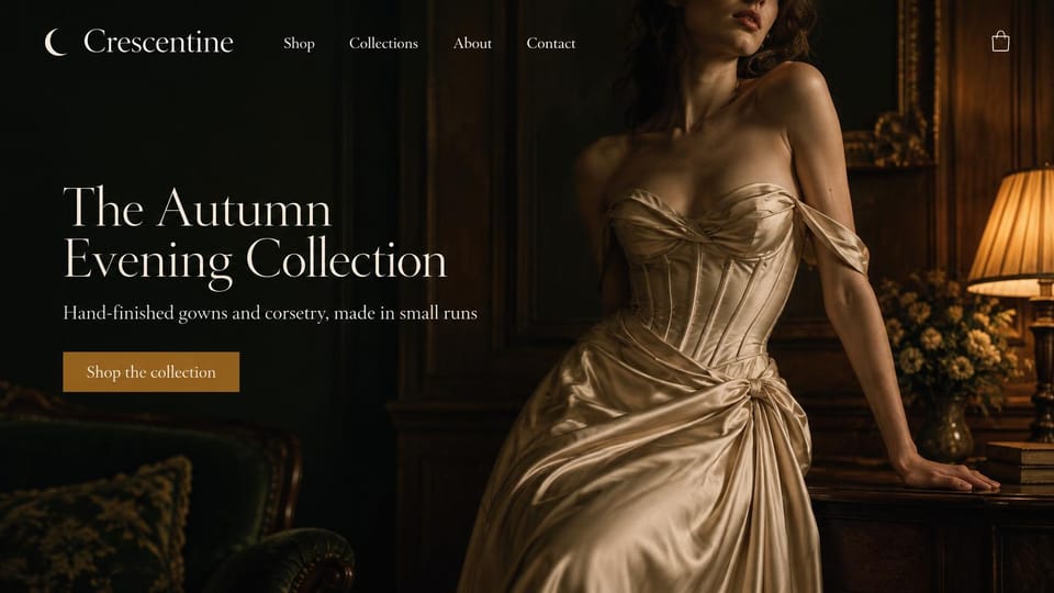 Fashion website design, evening gowns and corsetry by lamplight: dark wood-paneled room, a woman cropped at the lips in a champagne satin corset gown leaning on a side table by a lamp, a cream serif headline and an ochre button