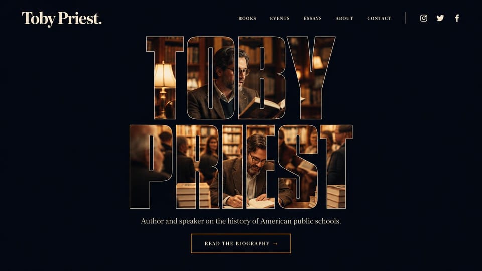 Author website design, historian with photos inside the name: dark navy, oversized letters filled with photos of an author in a library and a gold outlined button